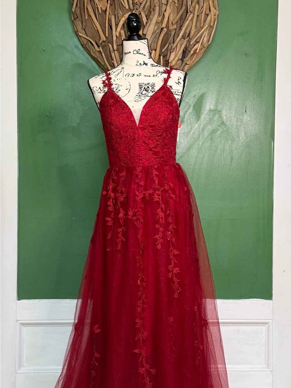 Red Embroidered V-Neck Tulle Prom Gown